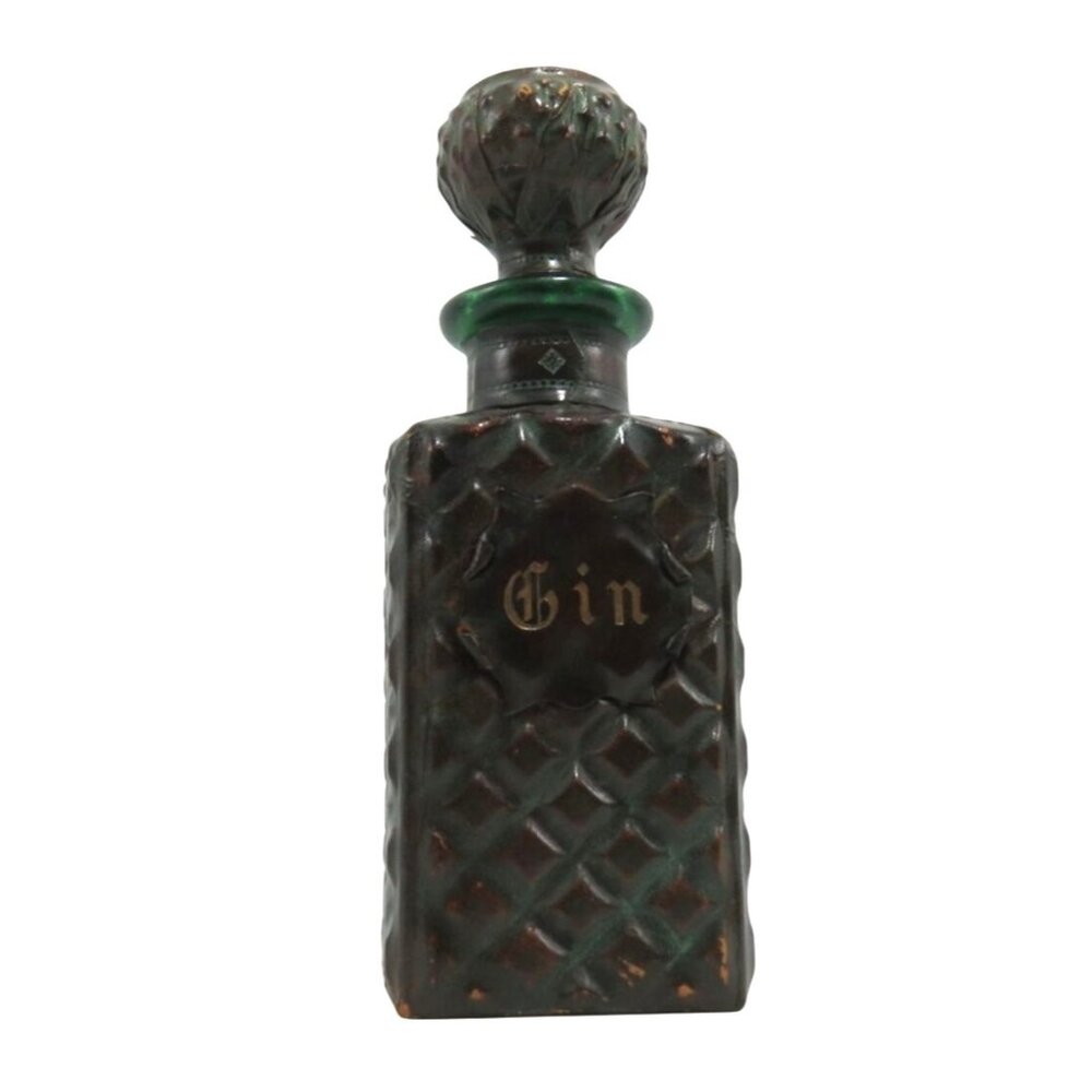 Green Glass DECANTER with LEATHER Wrap and Diamond X Pattern 10" 1960s Vintage